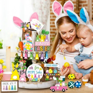 16 Cross-border Easter New Layered Pallet Decoration Rabbit Truck Wooden Craft Square Wall Hanging Pendant Festive Haoxuan Brand