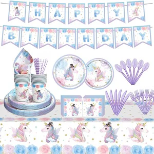 Blue Unicorn Children Birthday Theme Design Paper Plates Disposable Party Supplies Set for Birthday Celebration