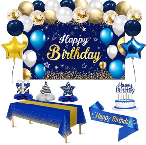 Birthday Party Blue Metal Confetti Balloon Arch Happy Birthday Poster Sash Honeycomb Centerpiece Tablecloth Cake Topper Supplies