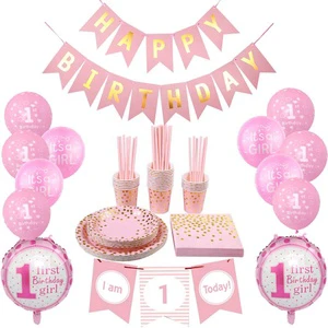 Baby Shower Happy Birthday for Kids Paper Plates 1st Birthday Party Cups Kids Favors Napkins Flags Party Tableware Supplies