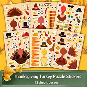 12 Sheets DIY Thanksgiving Turkey Sticker Puzzle Kit for Kids, Fall Party Craft, Wholesale in Stock Fast Shipping