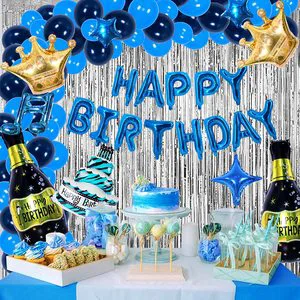 Birthday Decorations Men Happy Birthday Balloons for Women Blue and Gold Baby Party Suppliers with Rain Curtains Girls Boys