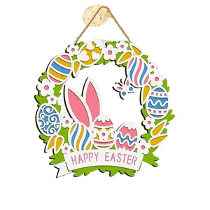 Custom Easter Wooden Hanging Wreath Bunny Egg Door Decoration Laser Cut Painted Spring Festival Ornament OEM ODM