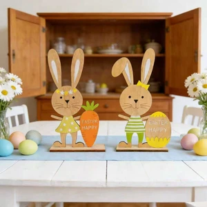 Bulk Easter Bunny Egg Carrot Desktop Decoration - Happy Easter Carved Wooden Craft for Holiday Event Party Supply