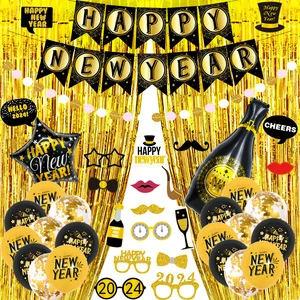 Happy New Year Black Gold Theme Party Set Fishtail Pull Flag Fringe Aluminum Film Decoration New Year Balloon Venue Layout