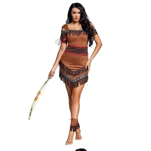 Women's Retro Tribal Native Costume Suede Fringe Archer Dress with Arm Bands for Halloween German Carnival