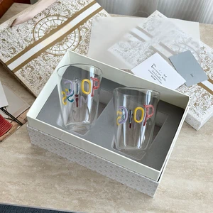 Hand Painted Colorful Alphabet Glass Cup Set 2 Pieces Transparent Tumbler for Home Use and Festival Gifting