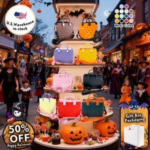 Halloween Festival Colorful EVA Tote Bag Lightweight Waterproof Punch Holes Bag For Women Gift Halloween Tote Bag Handbag Bulk