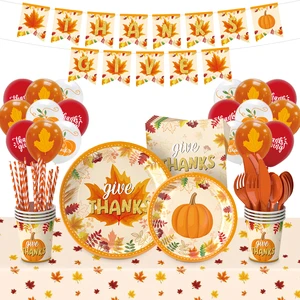 Luxury Thanksgiving Plates and Napkin Banners with Autumn Pumpkin Tablecloths-Hot Selling Disposable Eco-friendly Party Supplies