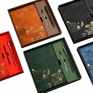 A4 Classic Style Gold Foil Embossed Notebook Pen Gift Box Set Suede Custom Logo Corporate Business Stationery Offset Printing