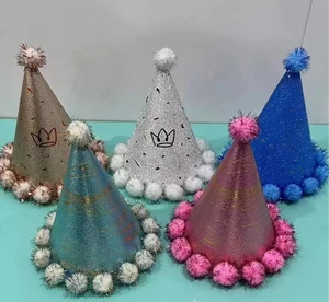 Metallic Foil Print Birthday Party Hats With Pom Pom for Kids Adults Cone Photo Booth Props Birthday Party Decorations Supplies