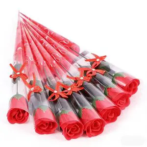 Hot Selling Small Single Branch Artificial Rose Soap Flower with PVC Packing Scented Waterproof Diamond Rose for Valentine's Day