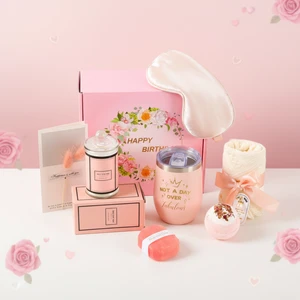 Spa Gifts Basket for Her Basket with Card Tumbler Scented Candle Eye Mask Blanket - Ideal Birthday Presents for Women