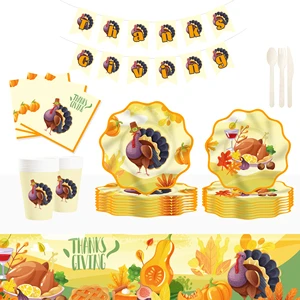 DAMAI Pumpkin Turkey Thanksgiving Tableware Set Table Set Paper Plates Party Paper Cups Napkins Disposable Festival Dinnerware