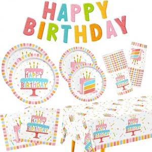 Happy Birthday Party Supplies Set Cake Design Includes Plates Napkins Cups Tablecloth Banner Boys Girls Decorations
