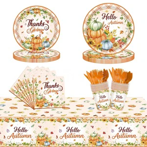 Wholesale Thanksgiving Autumn Pumpkin Disposable Tableware Set Paper Plates Cups Napkins Fall Harvest Party Decor Supplies