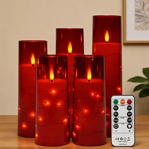 Festive Poinsettia Flameless LED Pillar 5PCS Candle with Copper Wire Lights Christmas & New Year Floral Color Decor for Holiday