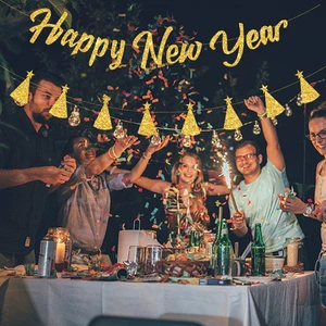 Cross-border New Year Party Happy New Year Gold Letter Pull Flag Festival Background Decoration Banner
