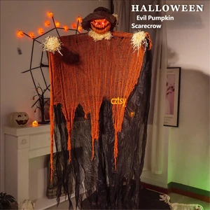 Halloween Horror Decor Set Glowing Pumpkin Scarecrow Hanging Ghost Tattered Fabric Haunted House Props