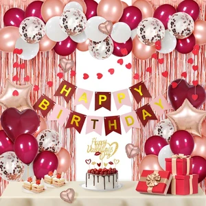 Birthday Decorations with Happy Birthday Banner Curtains Burgundy Heart Balloons for Adults Birthday Party Decorations