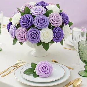 Fake Flowers Purple White Artificial Roses with Stems for Wedding Bouquets Centerpieces Arrangements Valentine Decorations