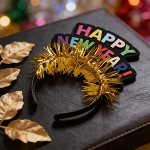 629082 Happy New Year Headband - Colorful Letter & Gold Tinsel Party Headpiece for New Year's Eve, New Year Party Decoration