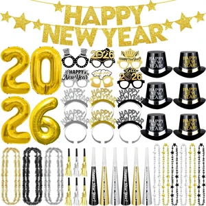 New Year's Eve Party Supplies 2025 Decorations Party Favors Plastic Foil Balloons Banner Headband Tiaras Horns Squawkers Glasses
