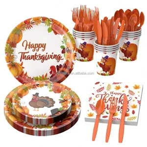 OEM Thanksgiving Party Tableware Set Turkey Pumpkin Maple Leaf Theme Cartoon Disposable Eco-friendly Die Cut Paper Decoration