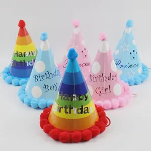 Wholesale Children Birthday Hat Pompom Paper Hat Children Adult Birthday Triangle Cup Party Decoration Supplies