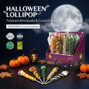 Custom 30g Halloween Spiral Lollipop with Character Head Pumpkin Frankenstein Ghost Hard Candy for Holiday Party