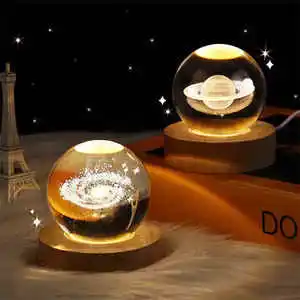 3D Laser Engraved Crystal Ball LED NightLight Solar System Theme Wood Base USB Powered Home Desktop Bedroom Decor Festival Gift