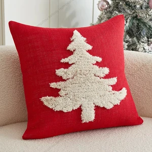 Luxury Red Faux Linen Christmas Tree Decor Throw Pillow Cover Living Room Cushion Covers