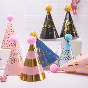 Hair Ball Paper Children's Birthday Hat Adult Hot Stamping Birthday Cake Hat Goodsplus Modern 4-color Printed Party Decoration
