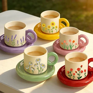 European Green Plant Pattern Porcelain Coffee Mug With Round Handle Custom Ceramic Cup And Saucer Set
