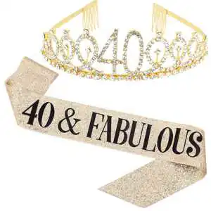 Fabulous 13th 16th 18th 21st 30th 40th 50th 60th 70th Birthday Valentine's Day Tiara Sash Set Alloy Glitter Adult Party