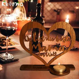 Wooden Laser-cut Mother's Day Father's Day Heart-shaped Gift Candle Holder Hollow Three-dimensional Letter Ornament Carved Wood