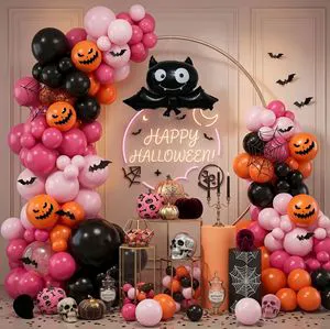 Pink Orange Black Halloween Balloon Arch Garland Kit Halloween Party Photo Backdrop Decor Supplies