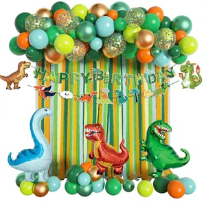 Dinosaur Balloons Garland Arch Kit Supplies with Happy Birthday Banner Crepe Paper Dino Foil Balloon for Jungle Safari Party