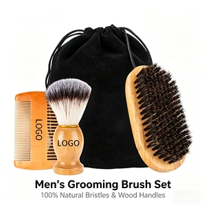 Luxury 4-in-1 Men's Beard Grooming Kit With Natural Boar Bristle Brush Wooden Comb & Velvet Bag For Father's Day Gift