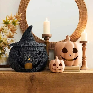 Iconic Black Wicker Jack-O'-Lantern with Witch Hat Lid, Handcrafted Spooky Storage for Trick-or-Treat Candy