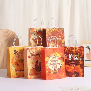 Thanksgiving Gift Packaging Bags Turkey Pumpkin Autumn Harvest Maple Leaf Kraft Paper Tote Bags Party Gift Bags