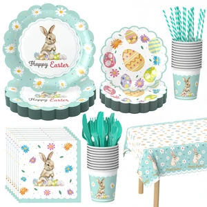Happy Easter Party Decorative Eco-friendly Non-toxic Disposable Paper Plate Set with Easter Egg and Rabbit Themes