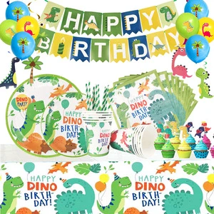 Dinosaur Birthday Party Disposable Tableware Balloons Set Kids Boy Birthday Party Decoration Jungle Party Supplies With Banner