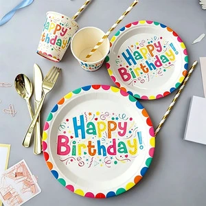 Custom Colorful Birthday Disposable Paper Plates Paper Tray Tableware Birthday Party Supplies Cake Snack Plates for Kids Adults