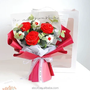 Valentines Mother's Day Gifts Handmade Wool Knitted Flowers Crochet Rose Flower Bouquet