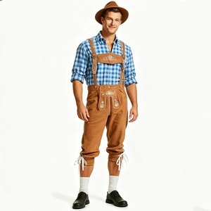 Men's Oktoberfest Costume Set Blue White Gingham Roll Sleeve Shirt Brown Pants German Bavarian Beer Festival Outfit