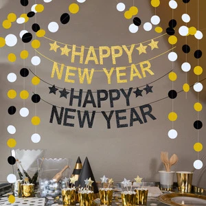 2025 New Year Theme Happy New Year Letter Banner Durable Paper Party Decorations with Glitter Flowers New Year Party Novelties