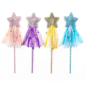 Children's Halloween Princess Magic Wand Tulle Star Hand Wand Tassel Sequin Pentagram Fairy Prop for Party Decorations