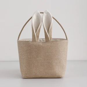 Wholesale Custom Embroidered Gift Storage Bags Kids Easter Bunny Bucket Large Linen Easter Basket With Bunny Ear
