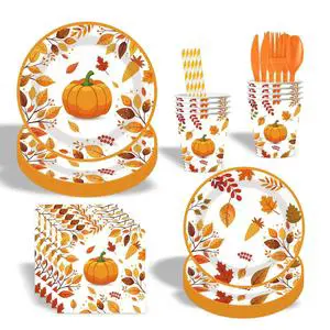 Custom Thanksgiving Party Supplies Pumpkin Maple Leaf Tableware Dinnerware Disposable Paper Plates Cups Napkins